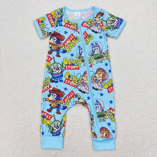 Baby Infant Boys Dogs Blue Short Sleeve Zip Rompers