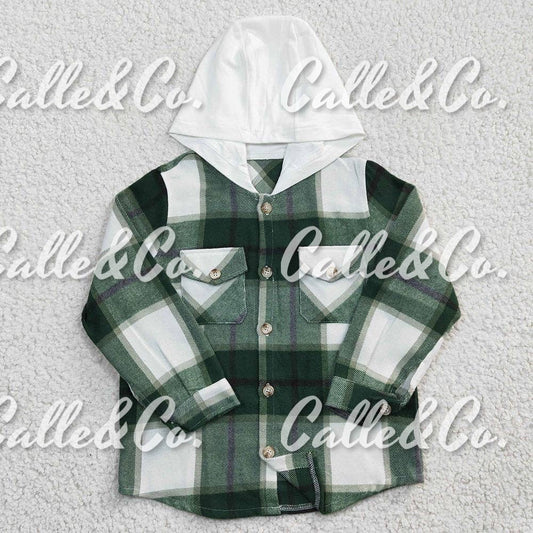 Baby kids Boys Green plaid hoodie pocket Flannel shirts Tops